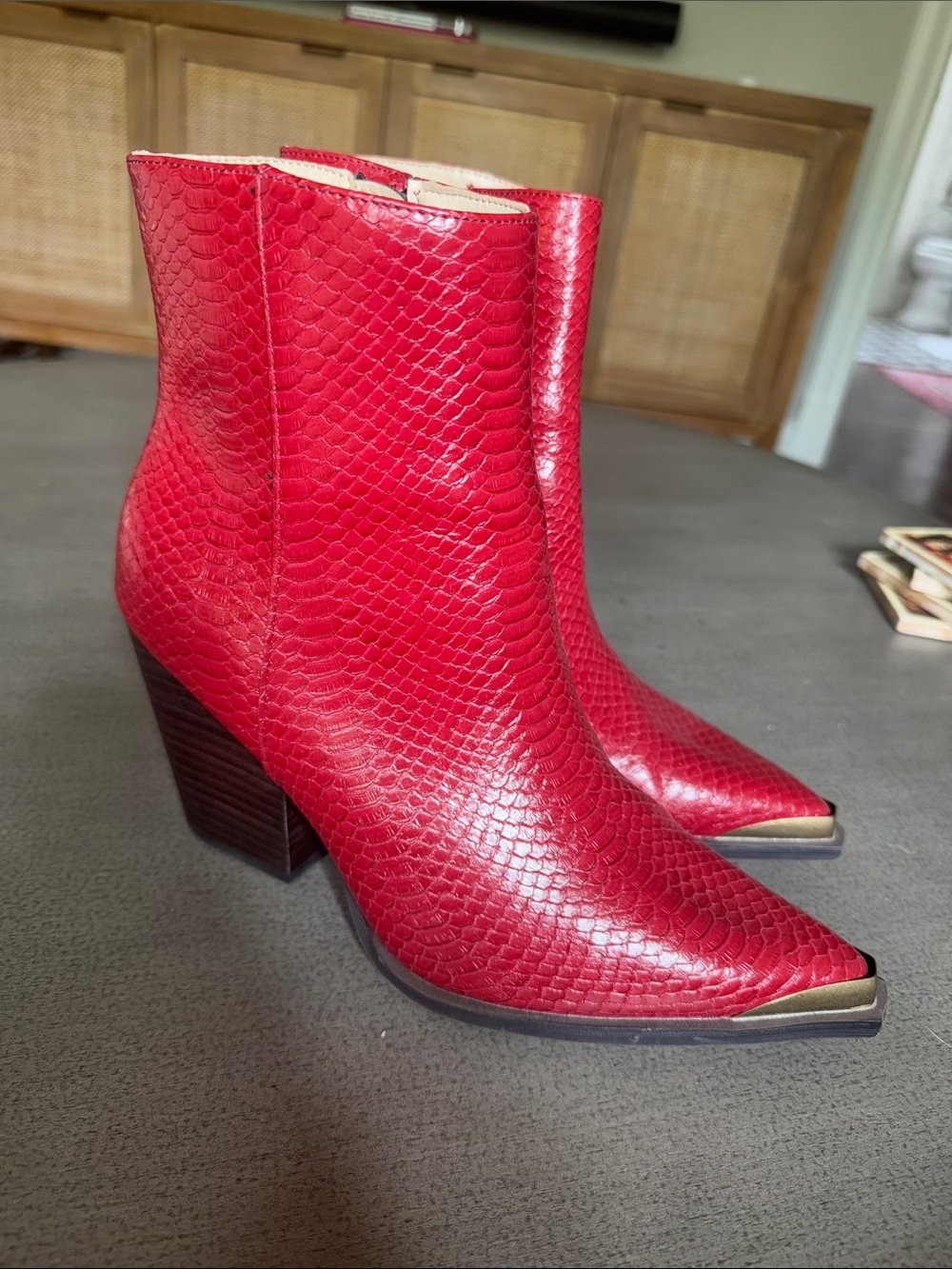 Red Vegan Leather “Snakeskin Boots - Women's